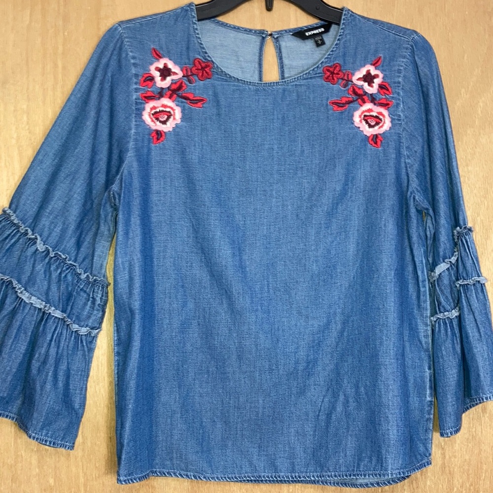 Express Bell Sleeve Floral Embroidered Blouse